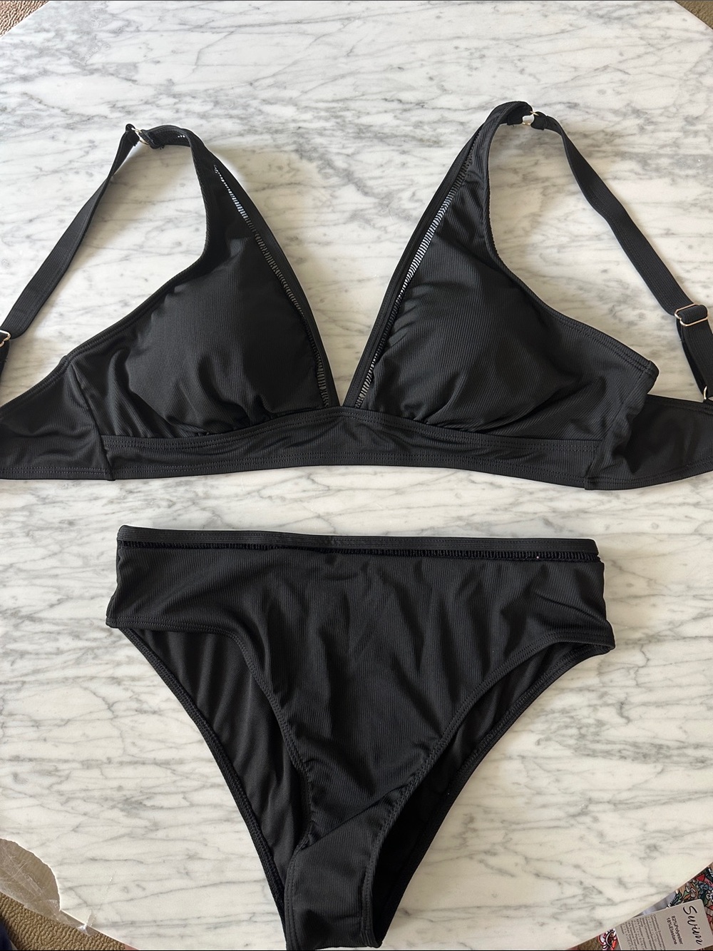 Women's Black Two-Piece Bikini Set - Triangle Top & High-Waist Bottom